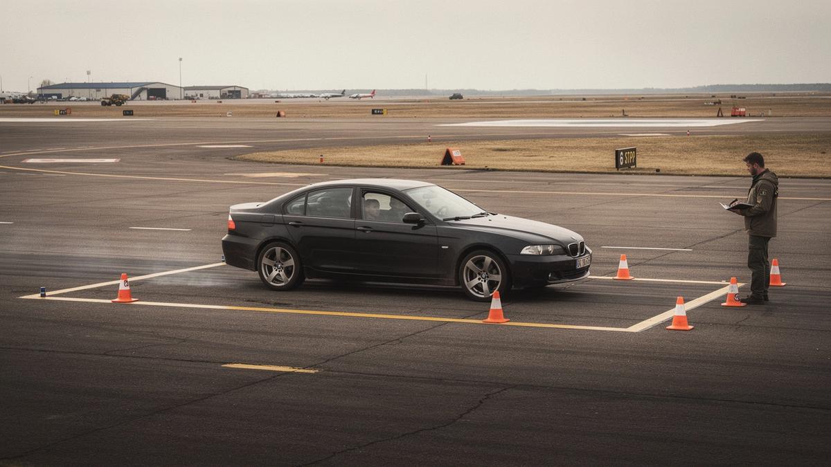 Driver braking hard on the airfield runway while an instructor watches from the sideline
